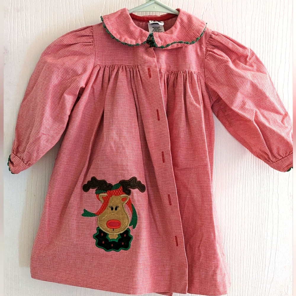 Girls 3T Austin and Ashley red check Christmas Reindeer dress button front.